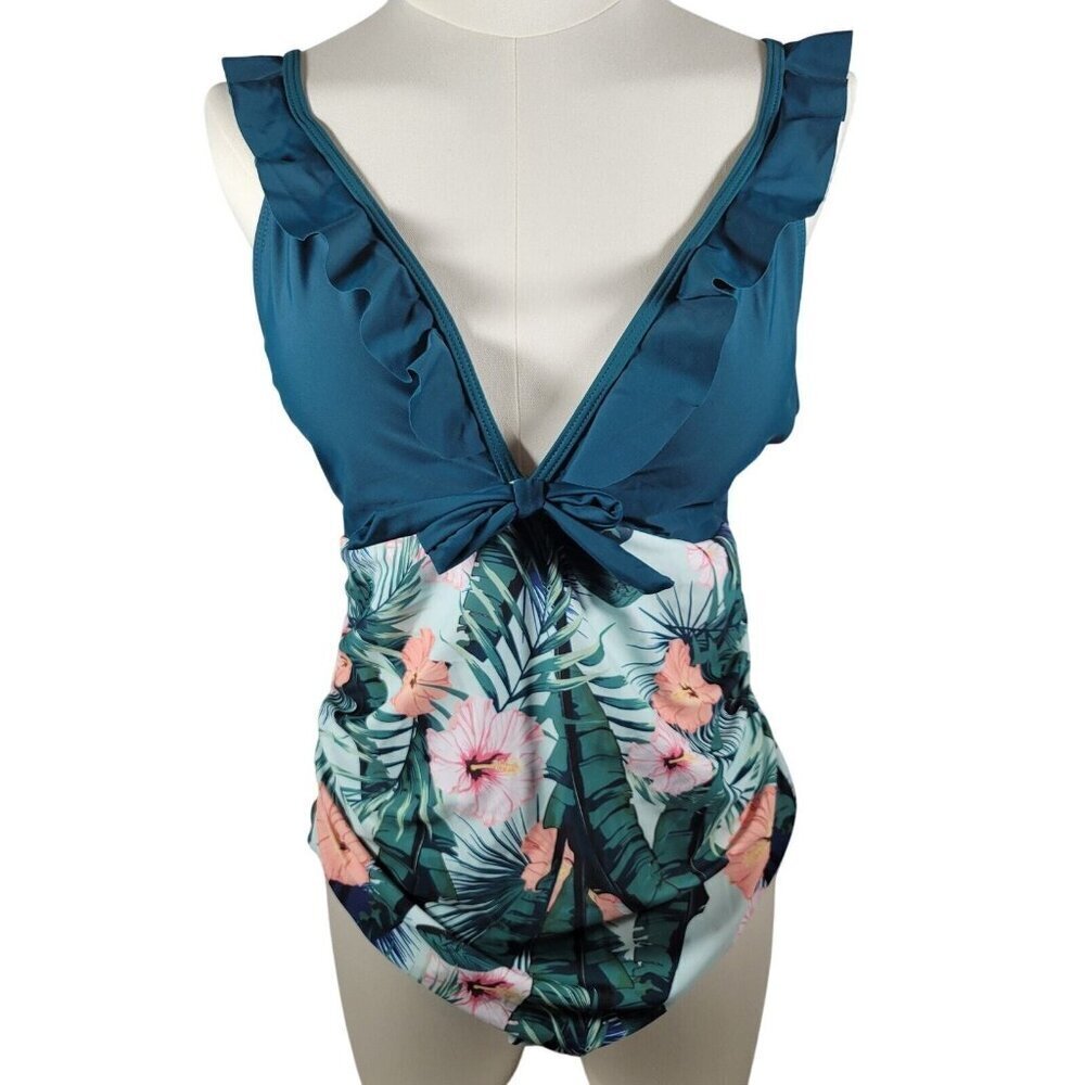 Pat Pat Green One Piece Tummy Control Tropical Floral Ruffle Sleeve Size XL